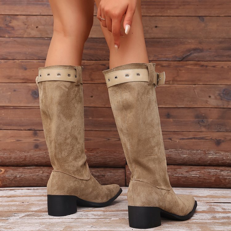 French Retro Thick Heeled Boots With Belt Buckle, Fashionable And Versatile Fashion Boots