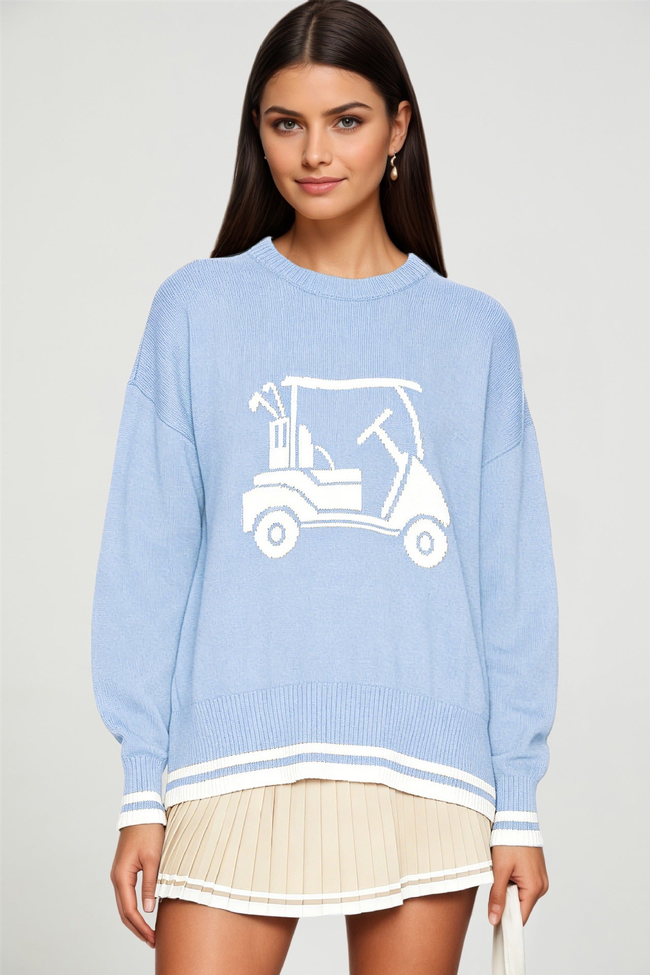 Round-neck Loose-fit Long-sleeve Jacquard-knit Pullover Sweater Top