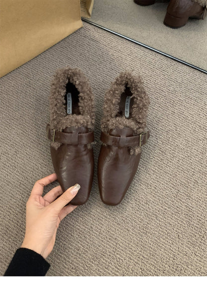 Block Heel Mary Jane Women Shoes Fleece Lined Pumps 2025 Autumn Winter New Warm Deep Mouth Shoes Furry Shoes Outdoor Cotton Shoes
