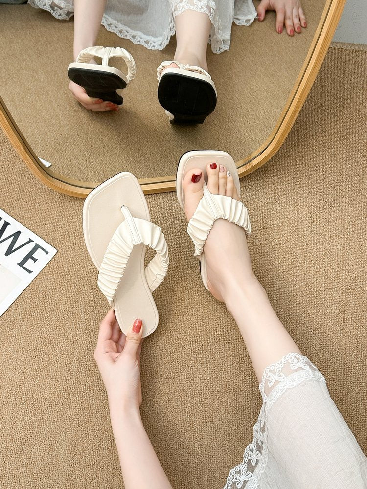 Women's Summer Flip Flops, Comfortable Outdoor Wear, Pleated Thick Sole Thong Slippers, Matching For Dresses Beach Slippers