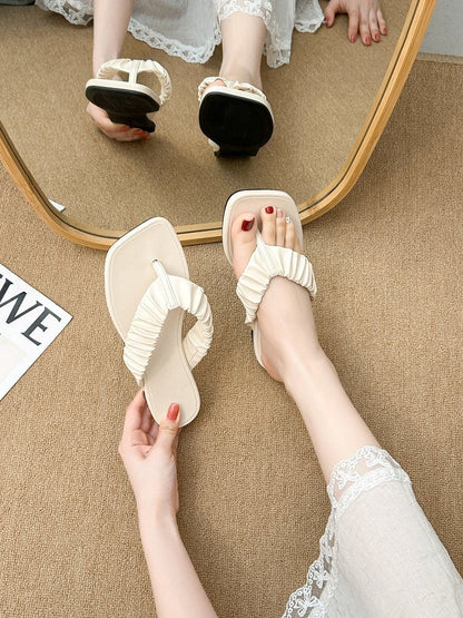 Women's Summer Flip Flops, Comfortable Outdoor Wear, Pleated Thick Sole Thong Slippers, Matching For Dresses Beach Slippers