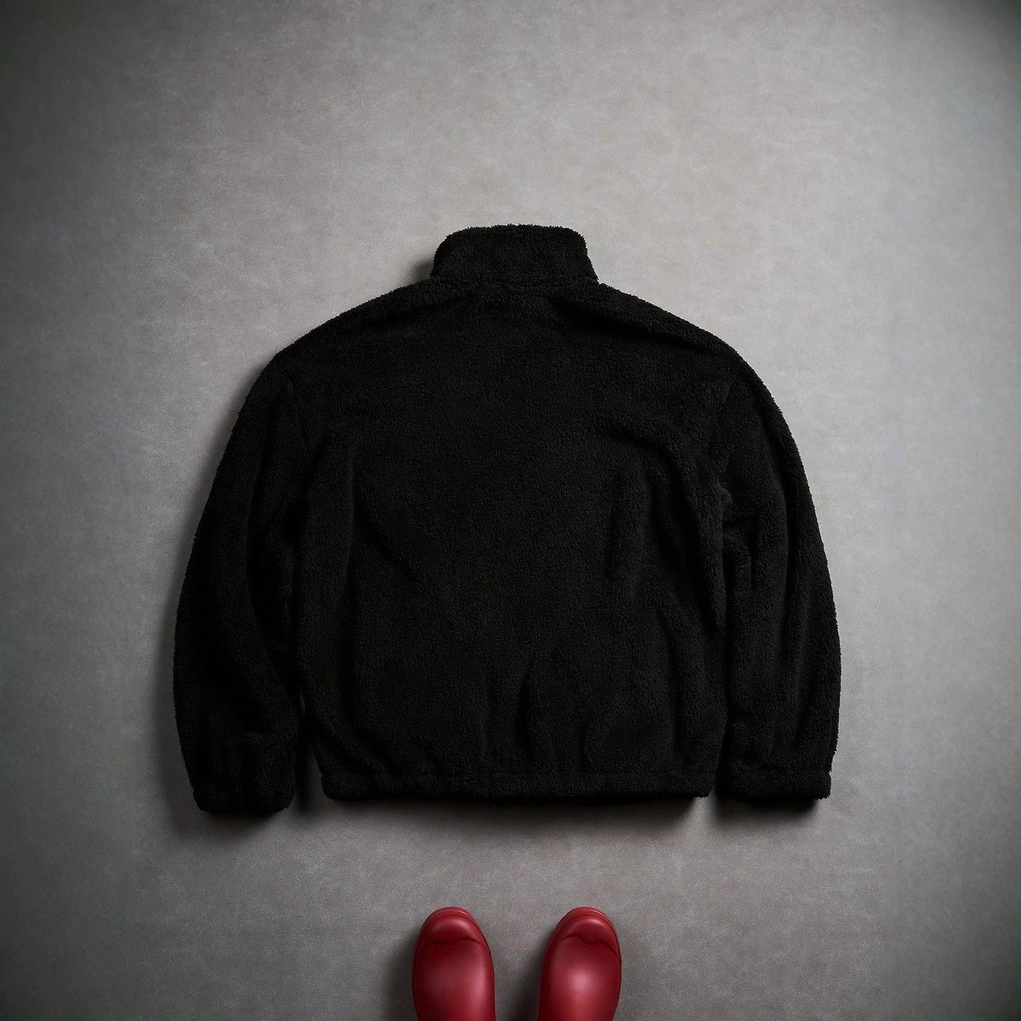 Black Furry Jacket With A Zipper And Embroidery On The Left Chest
