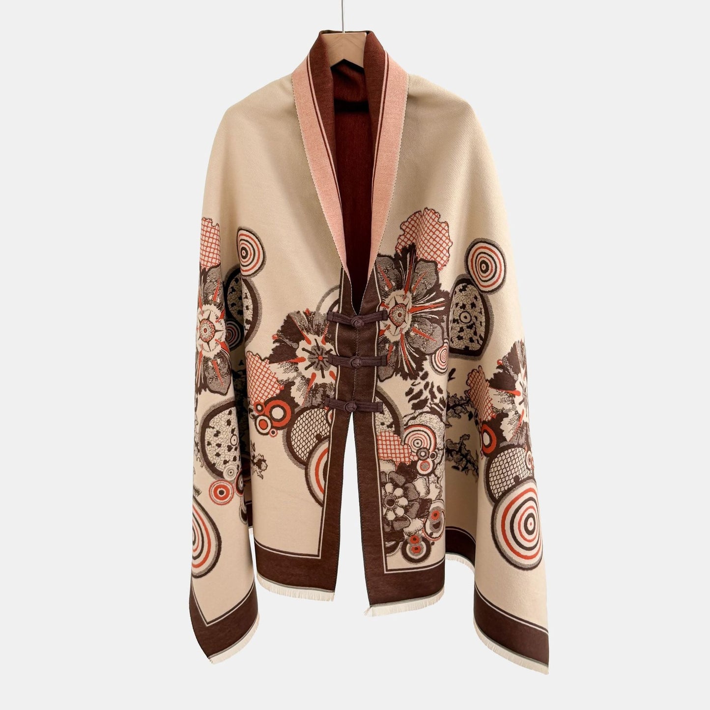 Vintage Knot-button Outerwear Jacquard Shawl