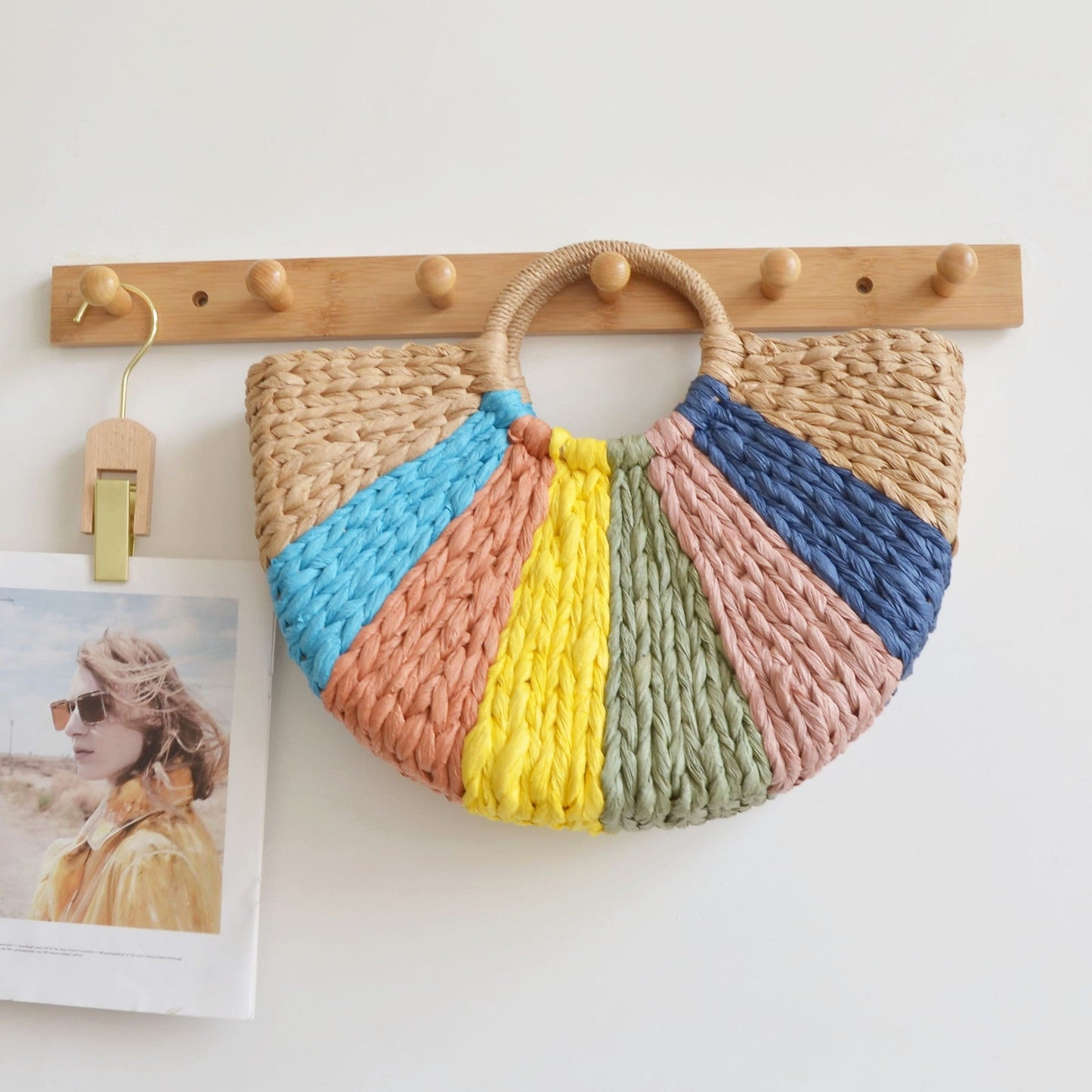 Personalized Vintage Paper-woven Bag Semicircular Travel Tote With Large Capacity