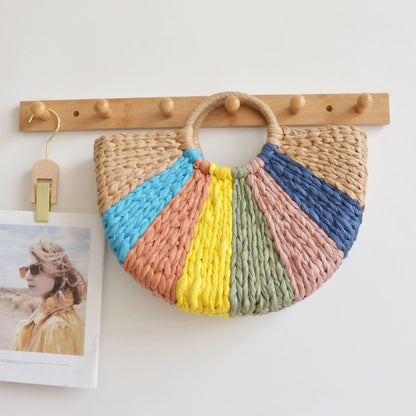 Personalized Vintage Paper-woven Bag Semicircular Travel Tote With Large Capacity