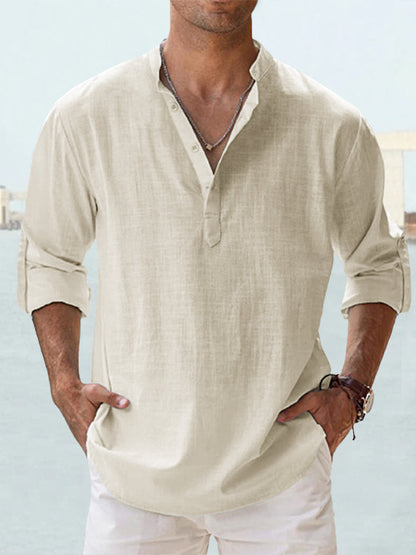 Trade Men's Linen Collar Long-sleeved T-shirt Loose T-shirt Solid Color Long-sleeved Cotton And Linen Shirt For Men