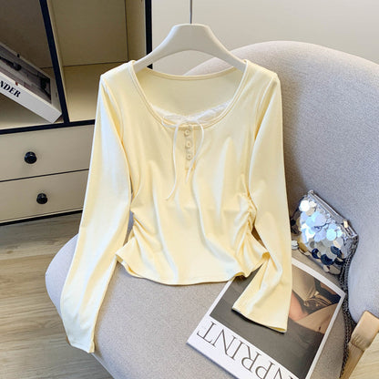 Lace Faux Two-piece Square-neck Long-sleeve T-shirt