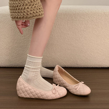 2026 Summer New Arrival Women's French Style Quilted Low Vamp Flats Hidden Heel Mary Janes Bow Soft Sole Commuter Shoe
