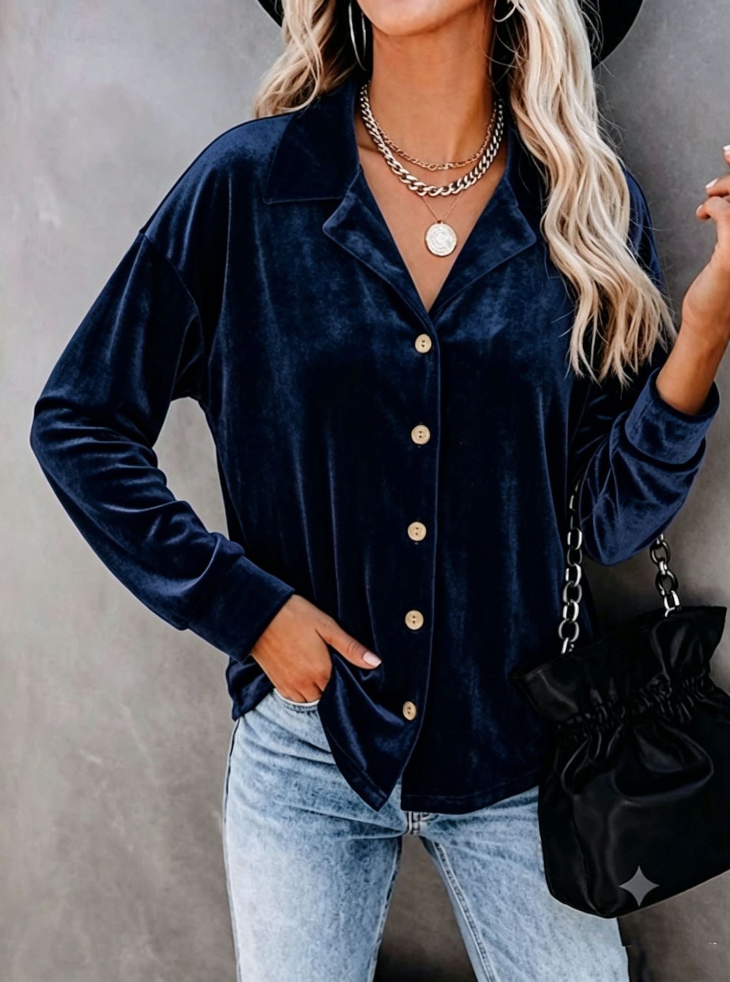 Casual Chic Button-up Velvet Long-sleeve Shirt