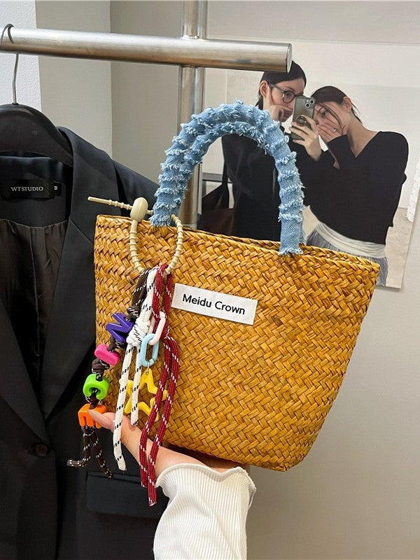Color-block Minimalist Straw Beach Bag Wicker Basket Tote