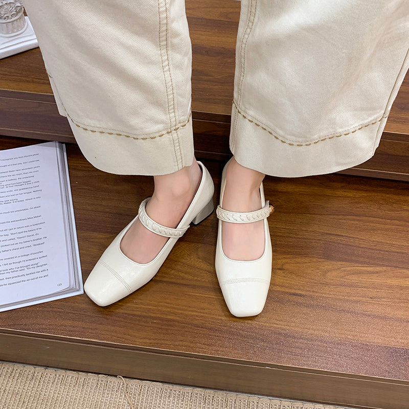 Women Vintage French Crinkled Leather Block Heel Pumps, Square Split Toe Strap Round Gold Metal Button Short Chunky Mid Heel Office Daily Commuting Dress Shoes