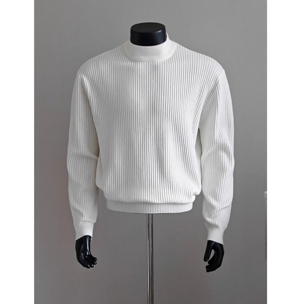 Mens White Ribbed Turtleneck Sweater Knitted Top