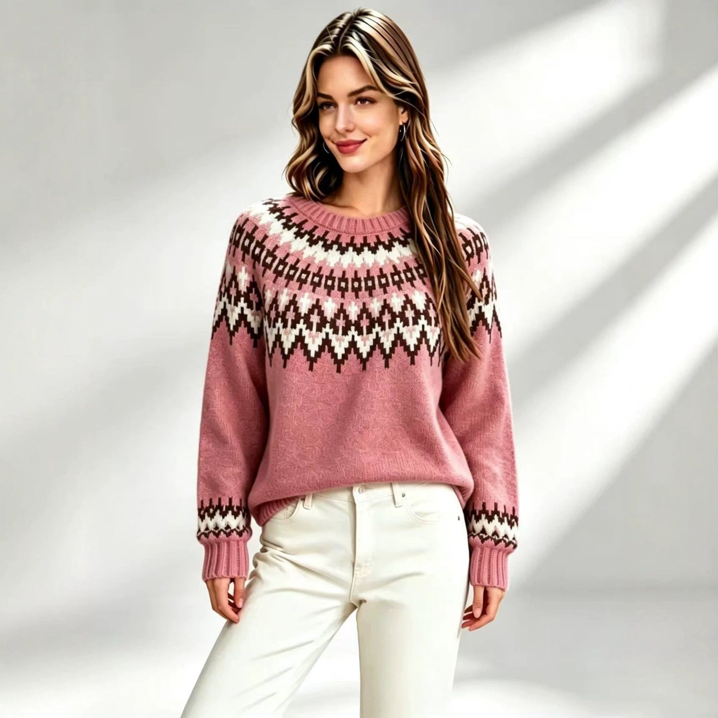 Womens Retro Fair-Isle Knit Crew-Neck Sweater