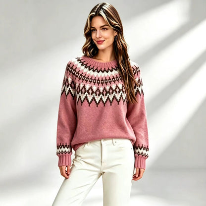 Womens Retro Fair-Isle Knit Crew-Neck Sweater