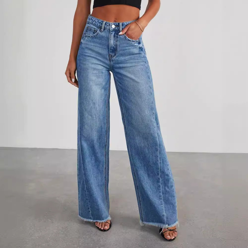 Europe And The United States Cross-border New Amazon Loose Wide Leg Side Stitching Framed Hem Jeans Women's 32150