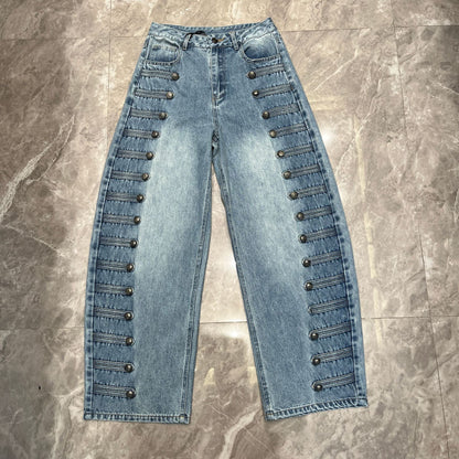 High-waisted Vintage Washed-blue Button-fly Straight-leg Jeans