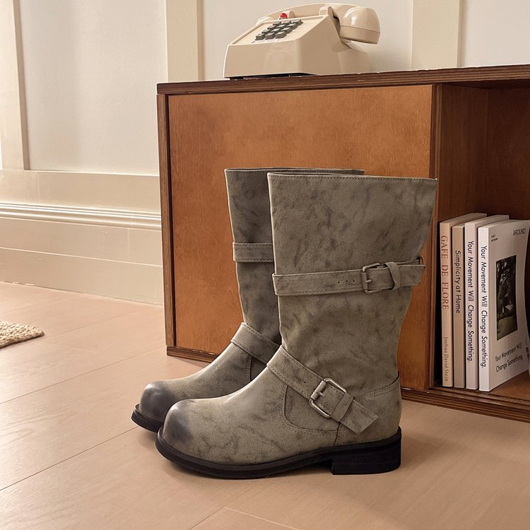 Women's Tall Knight Boots, 2026 Spring Autumn New Denim French Retro Slouchy Distressed Western Low Shaft Boots