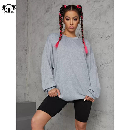 Womens Loose-Fit Solid-Color Plus-Size Long-Sleeve T-Shirt