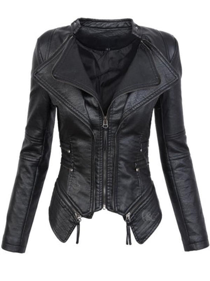PU Leather Zippered Patchwork Jacket Coats
