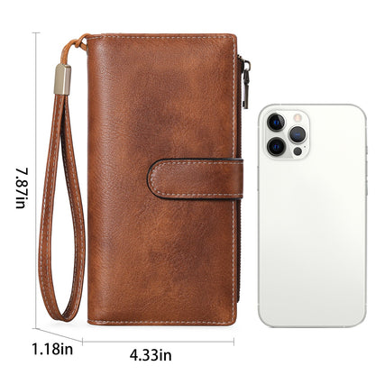 Womens Long Wallet Multi-functional Vintage Tri-fold Purse
