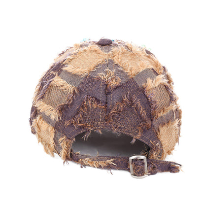 Korean-style Multi-color Fringed Checkered Baseball Cap With Rhinestones And Pearl Flowers, Casual Curved Brim Fedora Hat