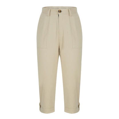 Womens Solid-color Buttoned Roll-up Capri Pants