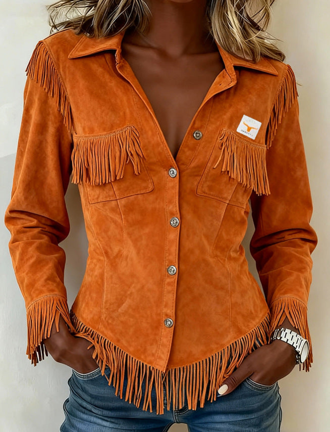 Autumn New Brown European And American Style Suede Tassel Long Sleeve Cardigan Women's Jacket Cross-Border Women's Jacket
