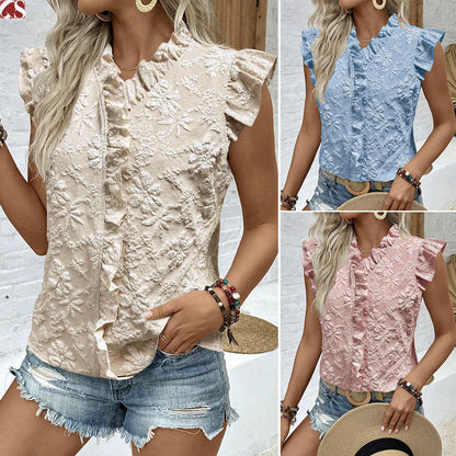 European And American Cross-Border Tiktok New Amazon Summer Women's Vest Pullover Ruffled Jacquard Short-Sleeved Shirt