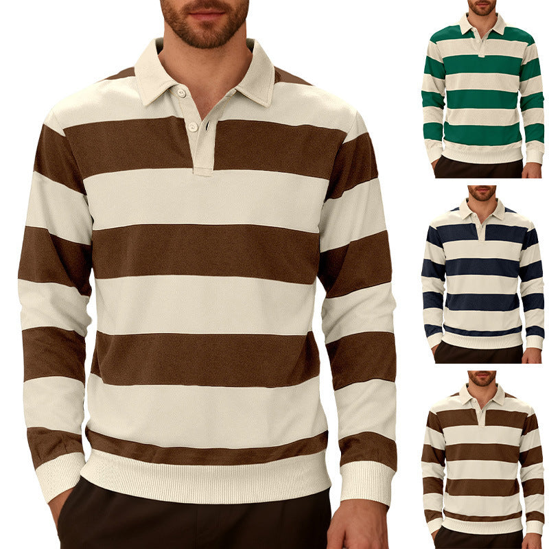 Men's Striped Color-Blocked Button Long-Sleeve Knit Shirt, Casual Sporty Trendy Business Polo Shirt