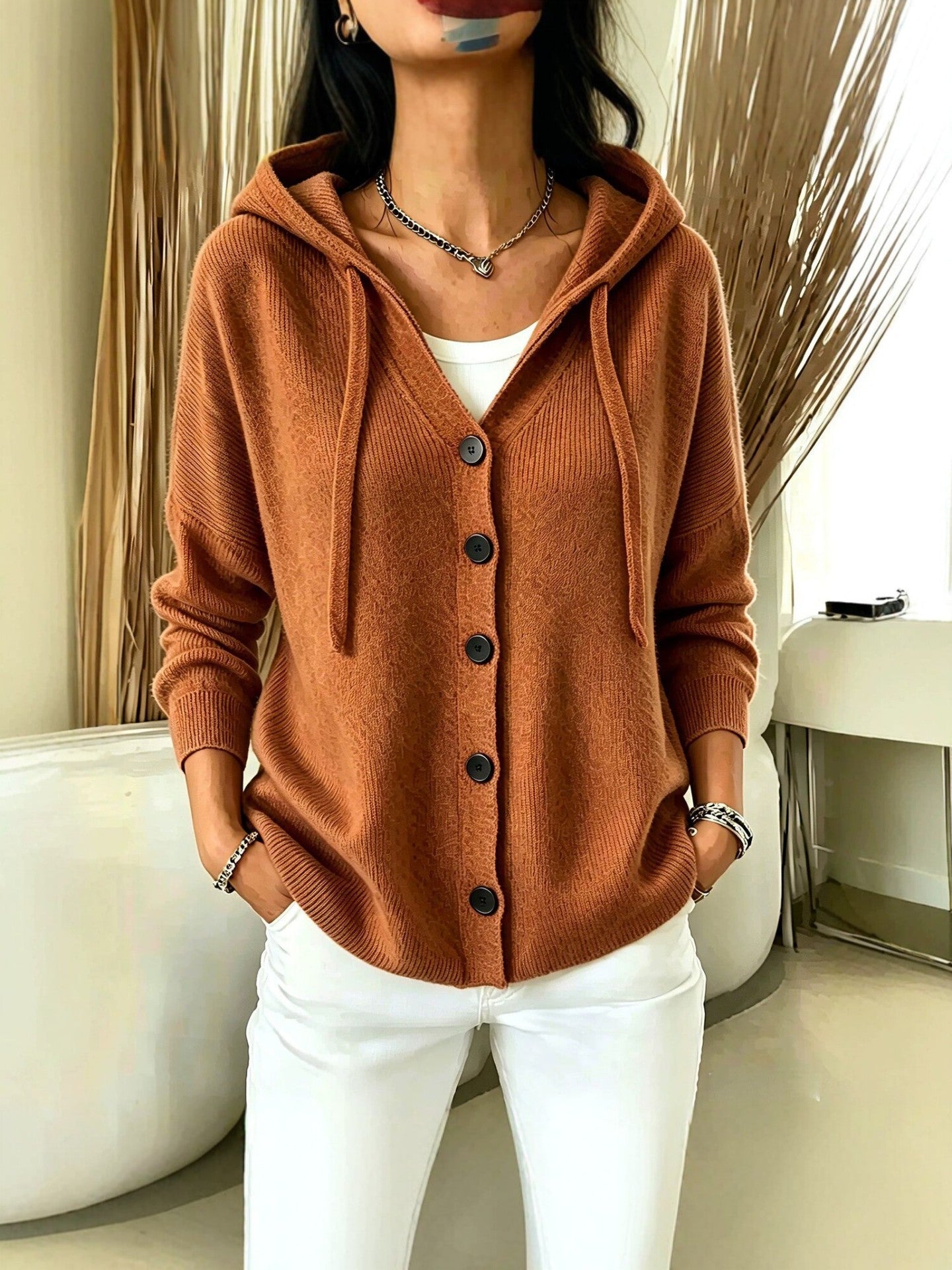 Womens European And American-style Autumnwinter New Hooded Knit Cardigan