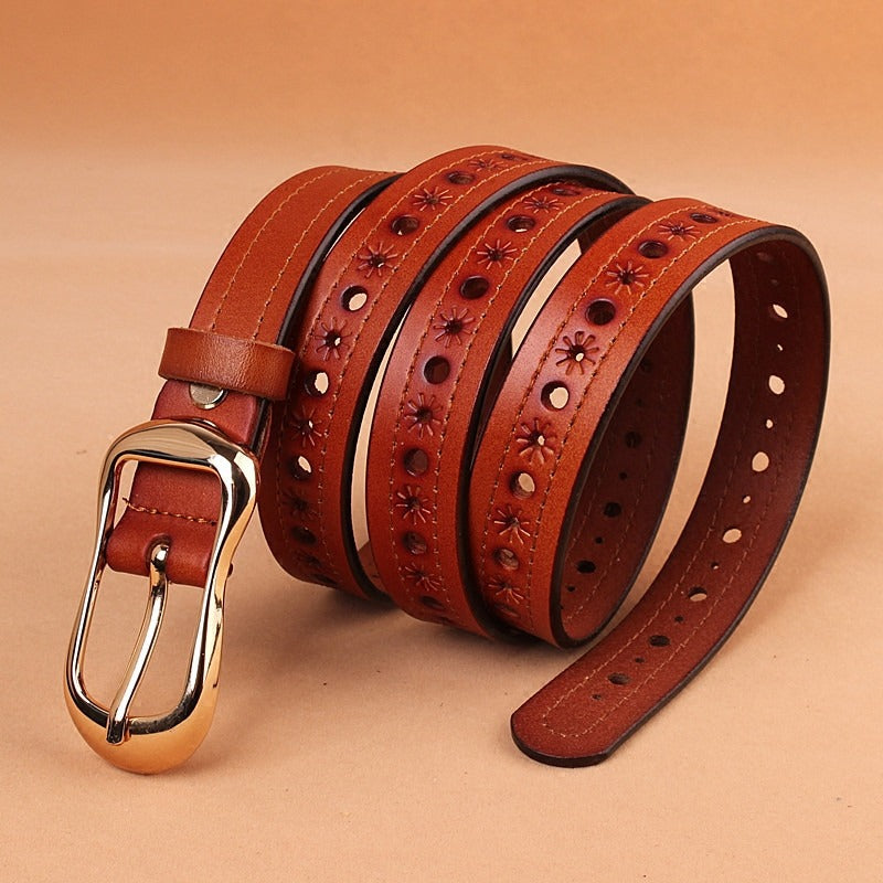 Womens Denim Soft Leather Belt With Pinhole Waistband
