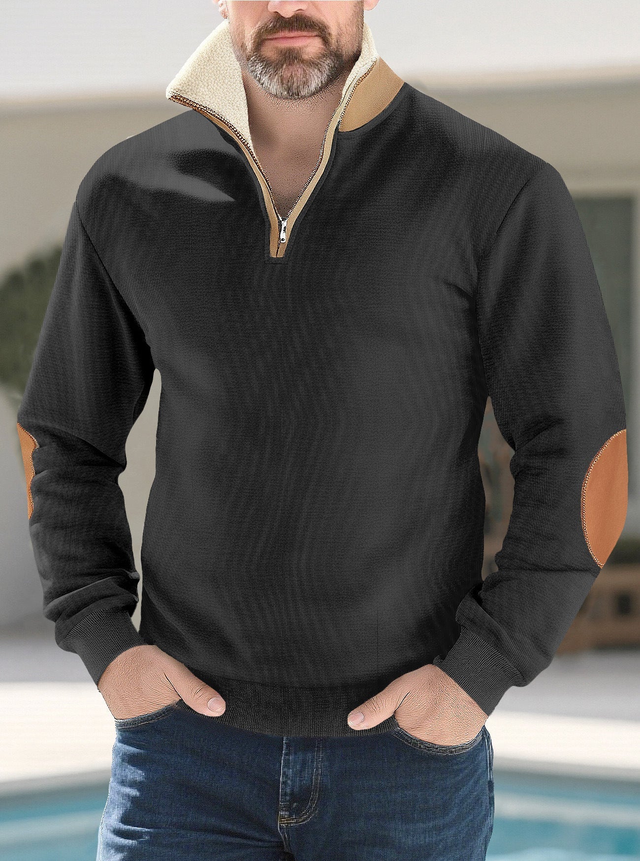 Retro Patchwork Embroidered Versatile Half-placket Mens Long-sleeve