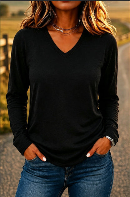 Leisure Pullover V-neck Solid Color Loose Long Sleeves T-shirt