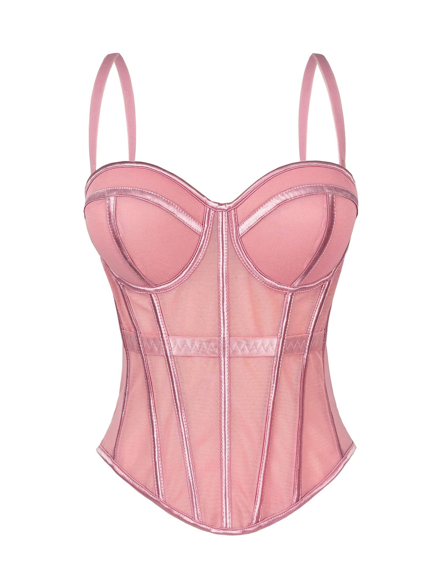 European And American Pure Color Fashionable Fishbone Bra, Waist Slimming Look Mesh Camisole With Breast Pads, Fishbone Top For Outer Wear