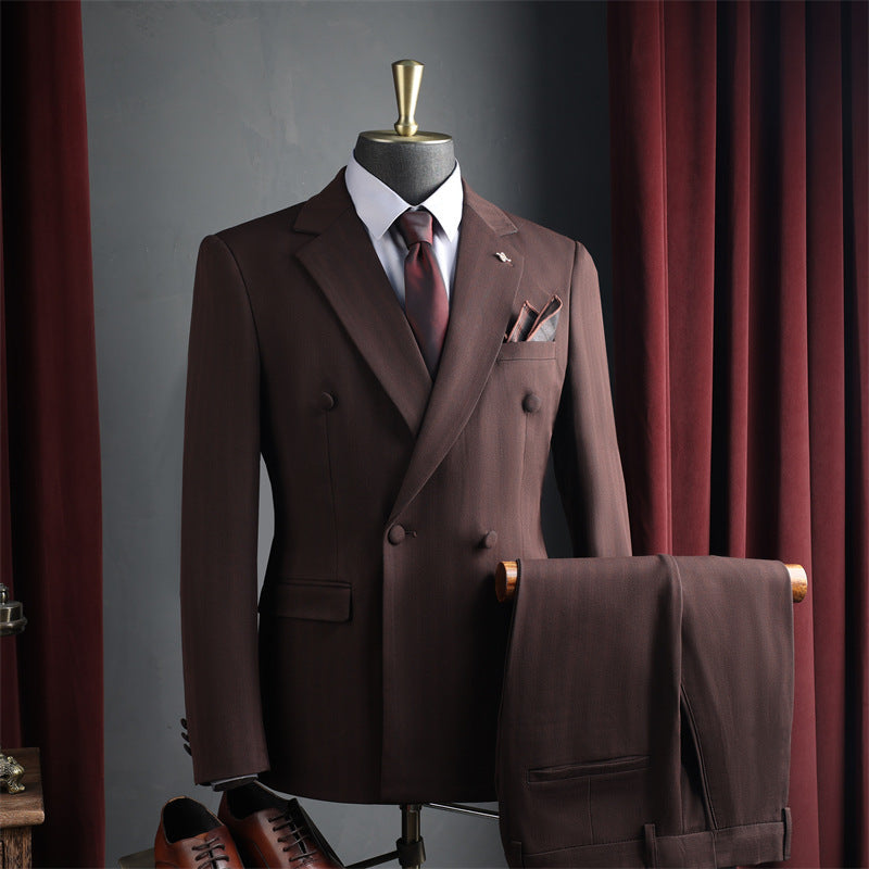Men Dark Brown Peak Lapel Double Breasted 3 Piece Suit Set