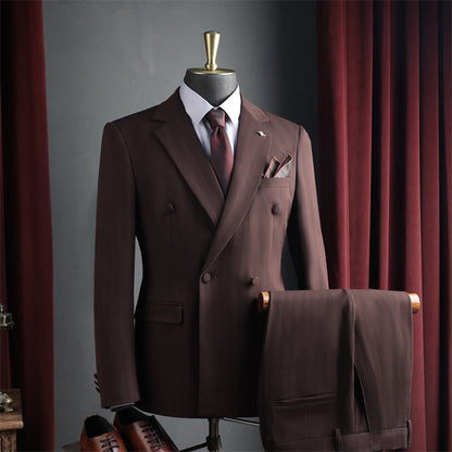 Men Dark Brown Peak Lapel Double Breasted 3 Piece Suit Set