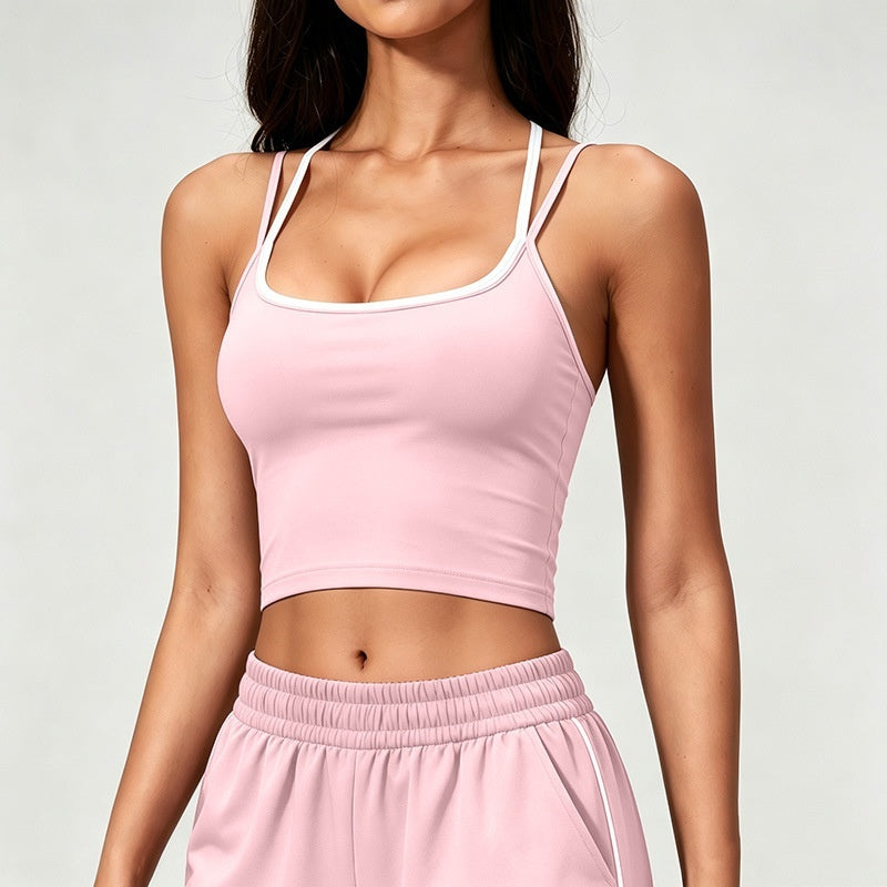Color Block Sports Bra Halterneck Two Piece Faux Tank Top For Women