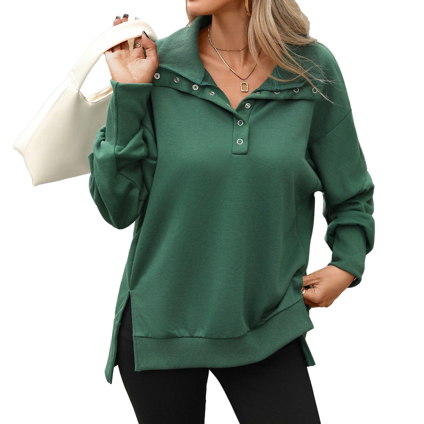 Solid-color Turtleneck Long-sleeve Relaxed-fit Casual Sweatshirt For Women
