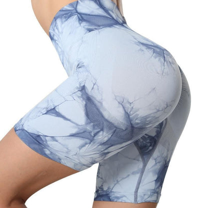 Summer European And American Tie-dyed Three-point Fitness Pants Women's High Waist Hip Lifting Tight Sports Running Peach Belly Contracting Yoga Shorts