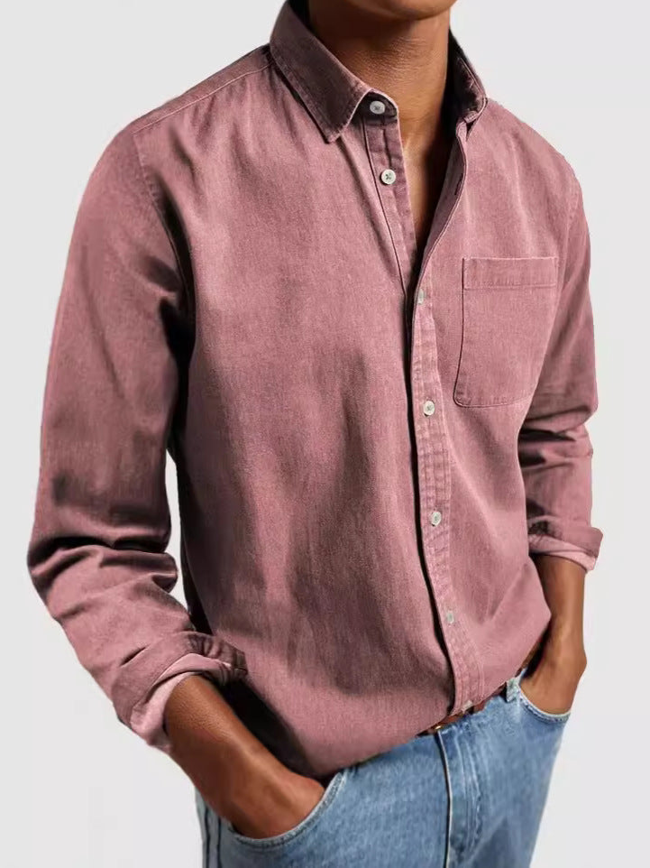Cross-border Amazon Foreign Trade Europe And The United States Men's New Lapel Solid Color Shirt Men's Retro Long Sleeve Shirt