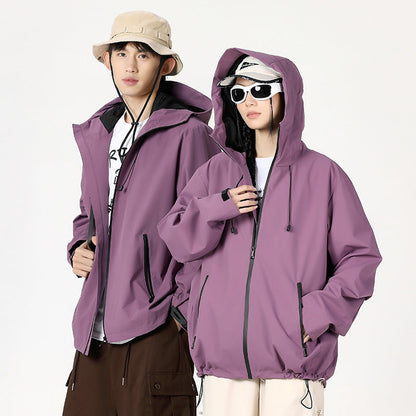 Outdoor Windproof And Waterproof Bomber Jacket Couples Style Hooded Trench Coat