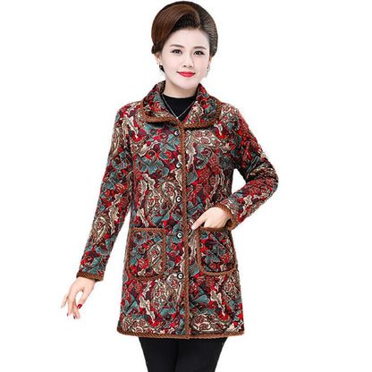 Womens Fashionable Floral-print Warm Plus-size Cotton Coat