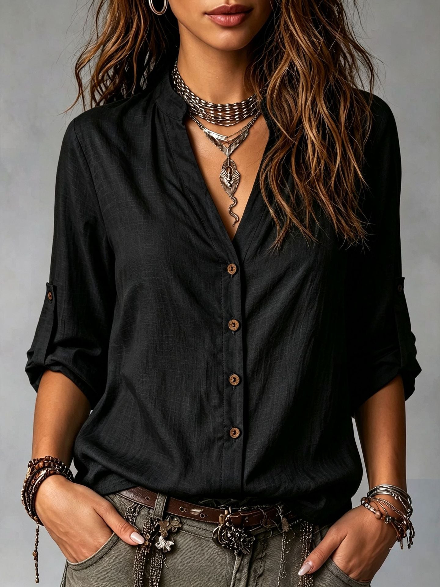 Casual-style Long-sleeve Button-down Shirt For Women