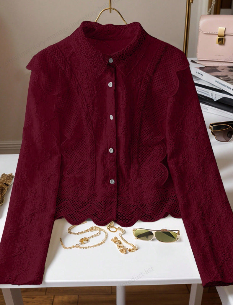 Hollow-out Suit-collar Long-sleeve Single-breasted Casual Lace-patchwork Blouse