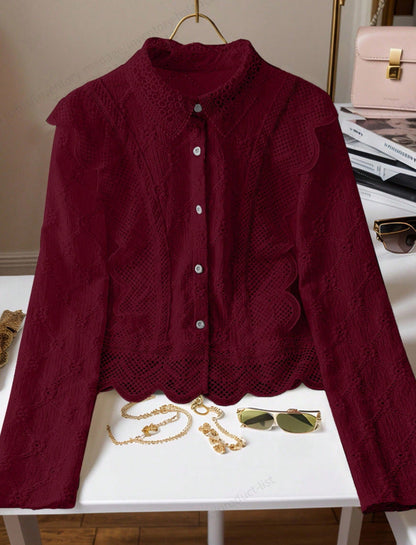 Hollow-out Suit-collar Long-sleeve Single-breasted Casual Lace-patchwork Blouse