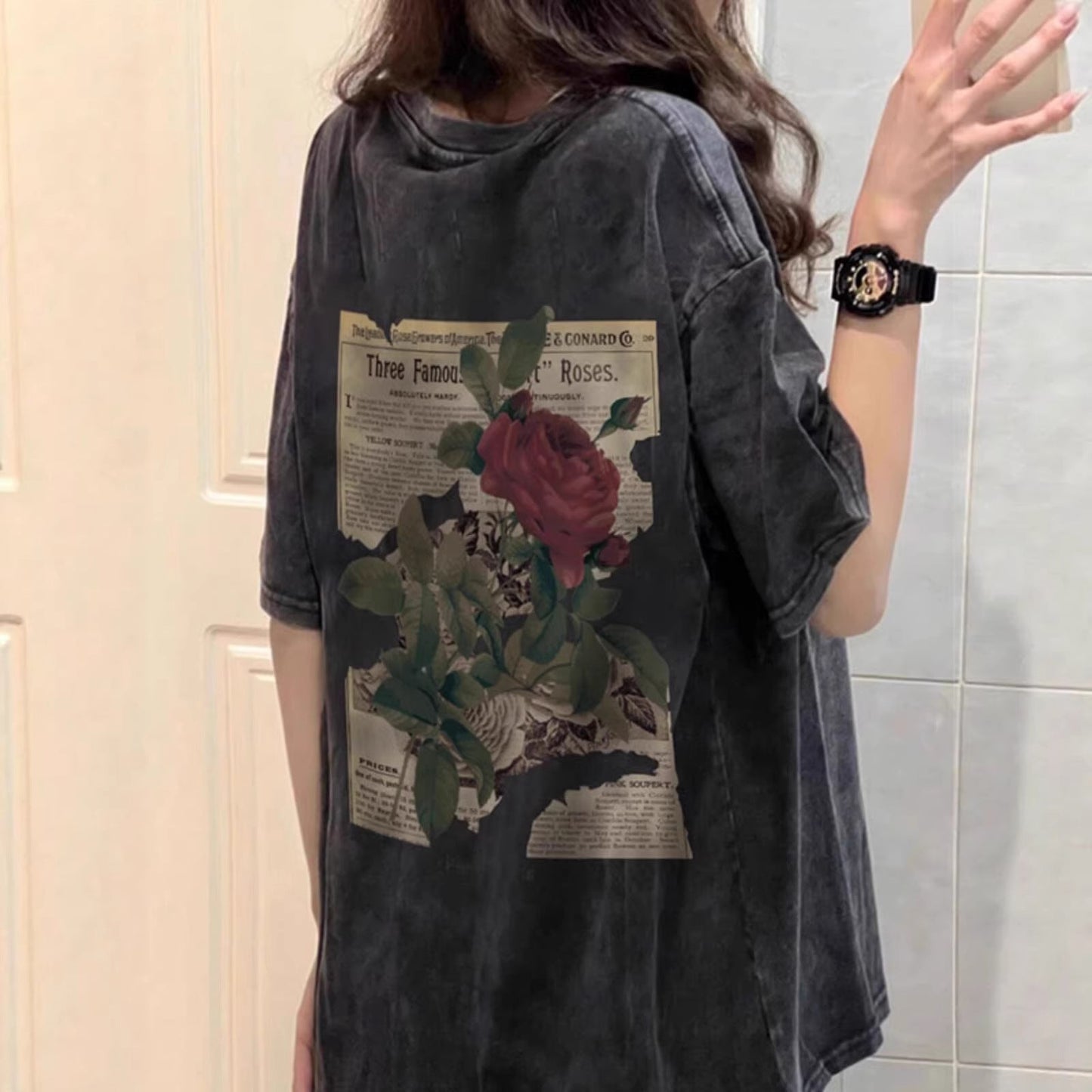 Cotton American-style Vintage Washed-and-faded Black Short-sleeve Shirt
