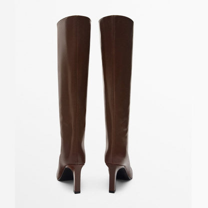 High Heel Leather Knight Boots Pointed Toe