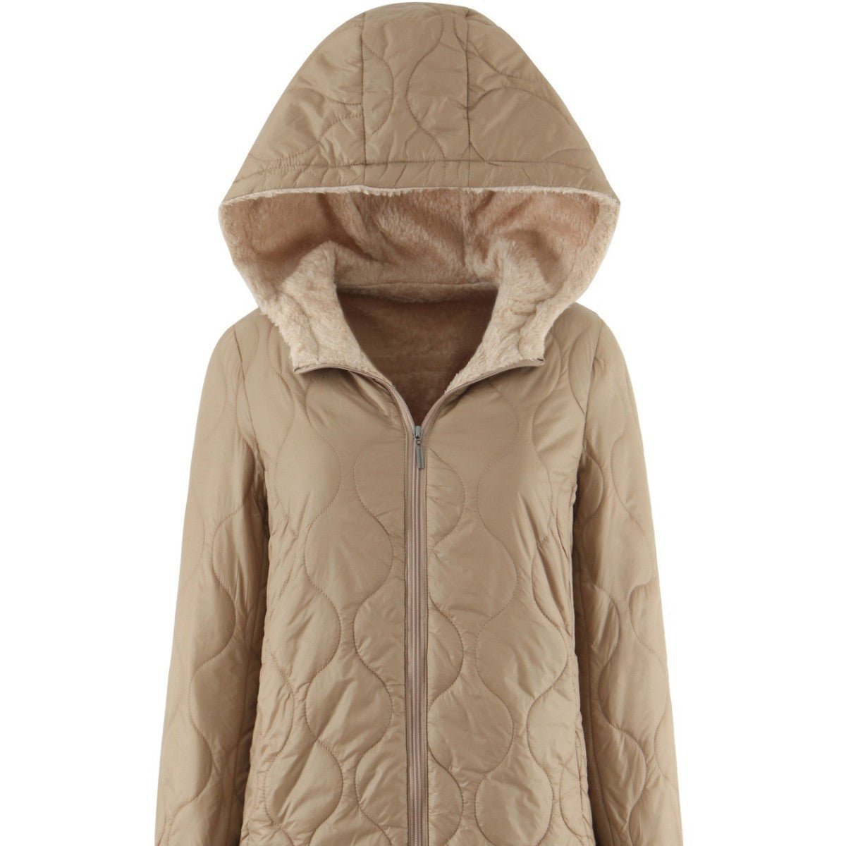Womens Mid-Length Hooded Padded Coat With Fleece Lining