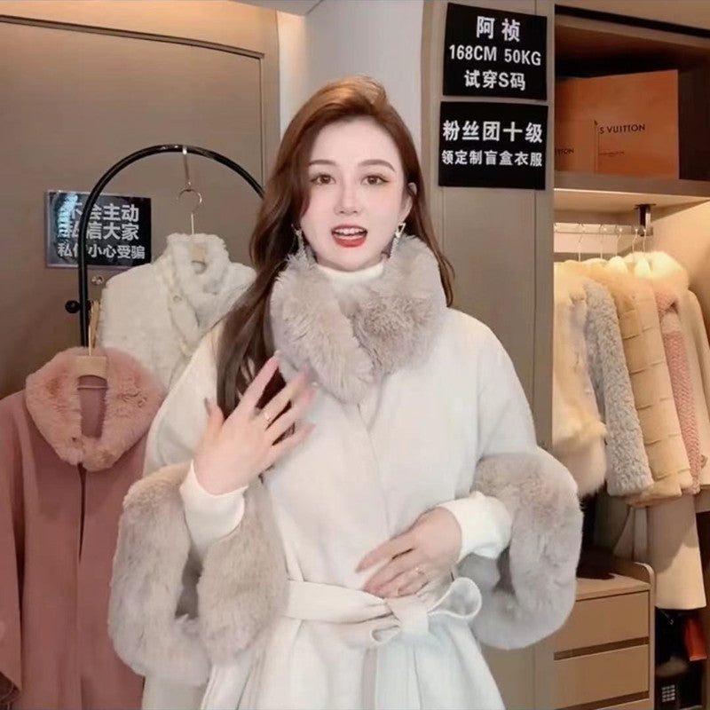 Fur Collar Tie Knitted Cape Women's Wool Plus Size Women's Clothing
