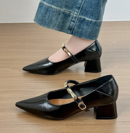 French Pointed Toe Block Heel Pumps For Women, Metal Strap Low Cut Mary Janes, Versatile Fashion Shoes For Spring & Autumn